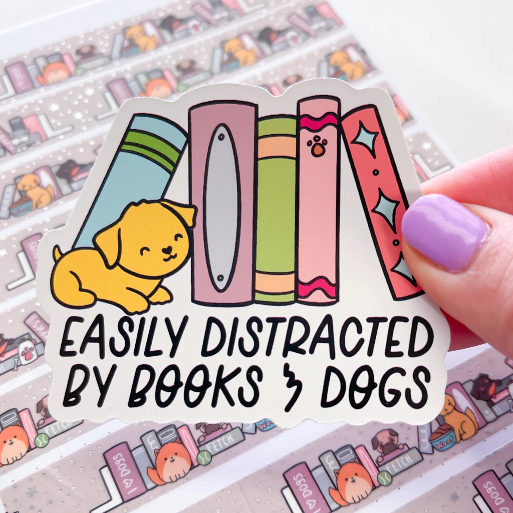 Distracted By Books & Dogs Vinyl Die Cut Sticker