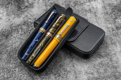 Leather Magnum Opus 3 Slots Hard Pen Case with Removable Pen Tray - Black