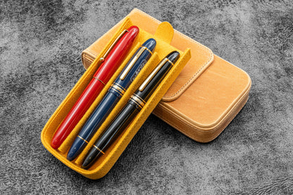 Leather Magnum Opus 3 Slots Hard Pen Case with Removable Pen Tray - Crazy Horse Honey Ochre