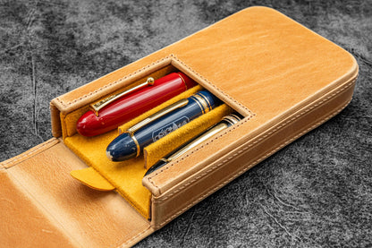 Leather Magnum Opus 3 Slots Hard Pen Case with Removable Pen Tray - Crazy Horse Honey Ochre