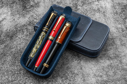 Leather Magnum Opus 3 Slots Hard Pen Case with Removable Pen Tray - Crazy Horse Navy Blue