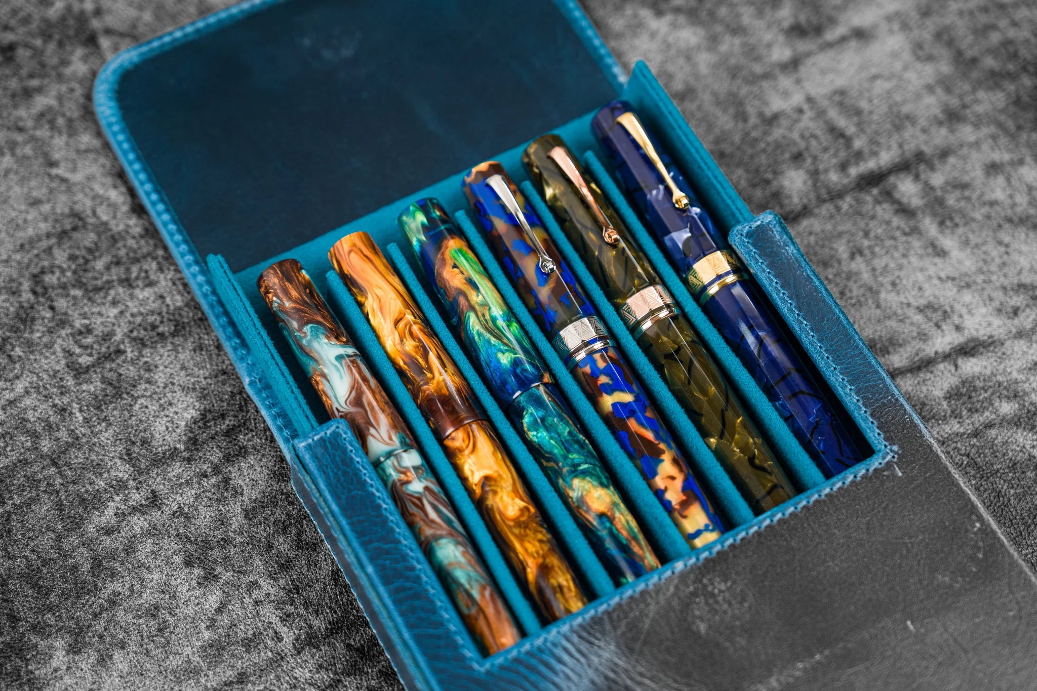 Leather Magnum Opus 6 Slots Hard Pen Case with Removable Pen Tray - Crazy Horse Ocean Blue