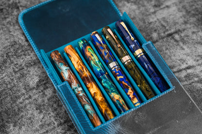 Leather Magnum Opus 6 Slots Hard Pen Case with Removable Pen Tray - Crazy Horse Ocean Blue