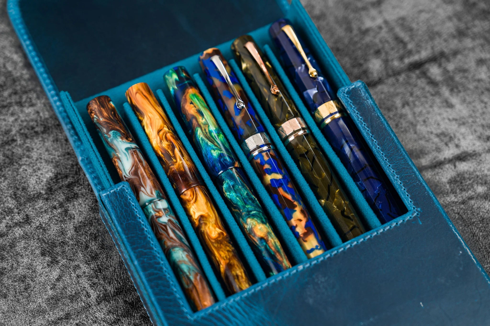 Leather Magnum Opus 6 Slots Hard Pen Case with Removable Pen Tray - Crazy Horse Ocean Blue