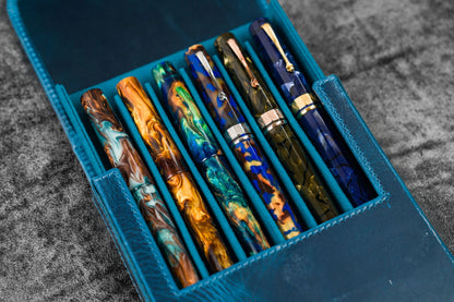 Leather Magnum Opus 6 Slots Hard Pen Case with Removable Pen Tray - Crazy Horse Ocean Blue