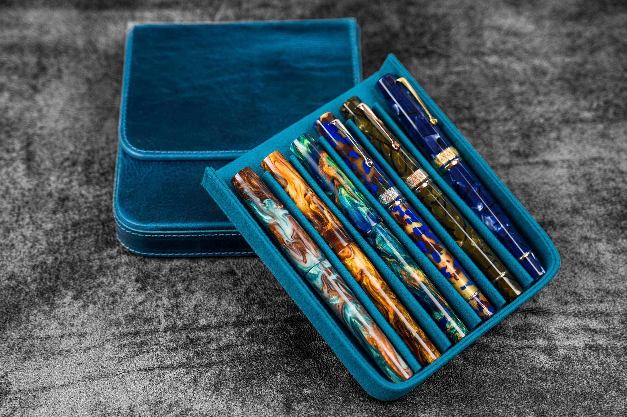 Leather Magnum Opus 6 Slots Hard Pen Case with Removable Pen Tray - Crazy Horse Ocean Blue