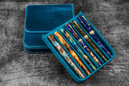 Leather Magnum Opus 6 Slots Hard Pen Case with Removable Pen Tray - Crazy Horse Ocean Blue