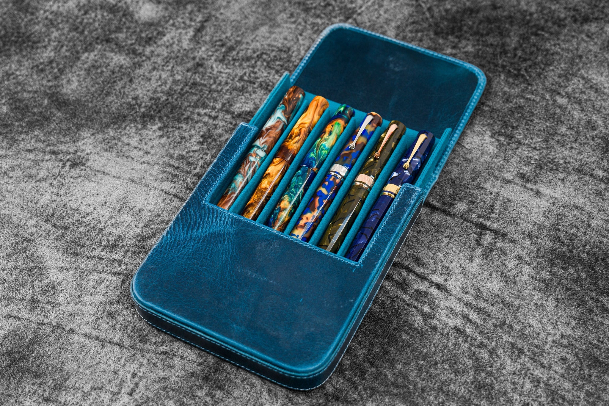 Leather Magnum Opus 6 Slots Hard Pen Case with Removable Pen Tray - Crazy Horse Ocean Blue