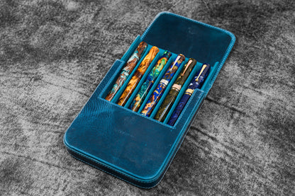 Leather Magnum Opus 6 Slots Hard Pen Case with Removable Pen Tray - Crazy Horse Ocean Blue