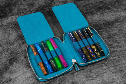 Leather Zippered 10 Slots Pen Case - Crazy Horse Blue