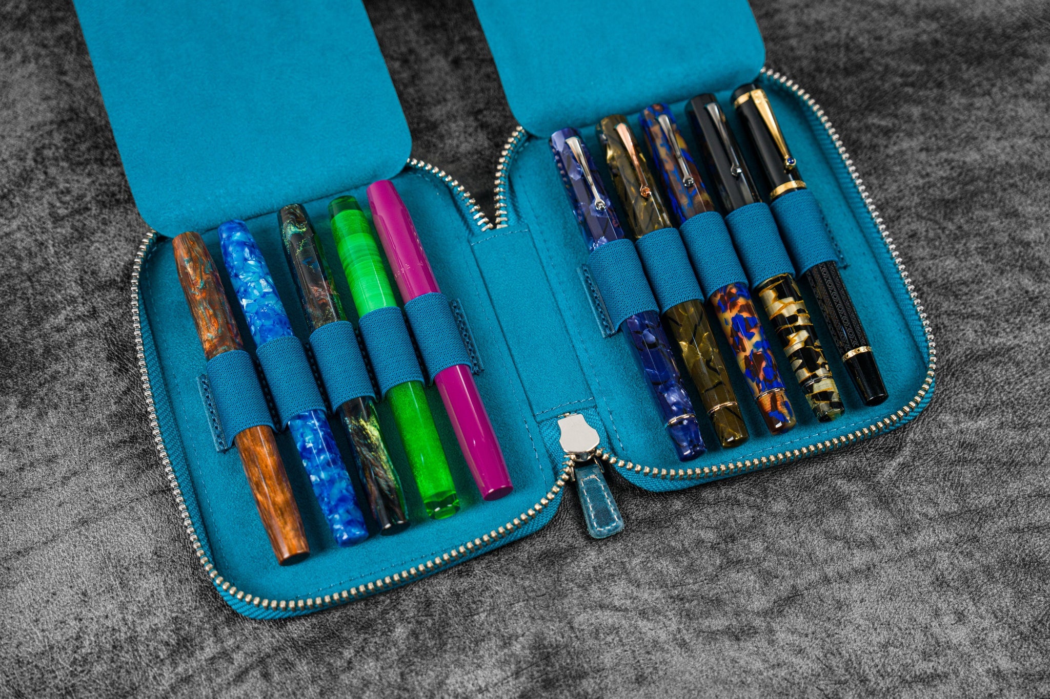 Leather Zippered 10 Slots Pen Case - Crazy Horse Blue