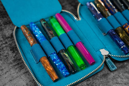 Leather Zippered 10 Slots Pen Case - Crazy Horse Blue