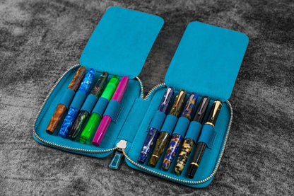 Leather Zippered 10 Slots Pen Case - Crazy Horse Blue