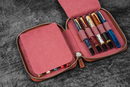 Leather Zippered 10 Slots Pen Case - Crazy Horse Orange