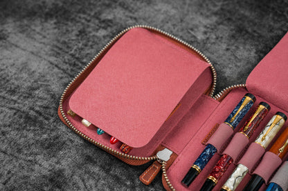 Leather Zippered 10 Slots Pen Case - Crazy Horse Orange