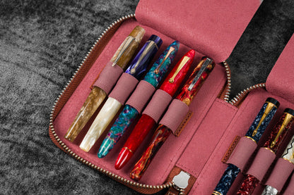 Leather Zippered 10 Slots Pen Case - Crazy Horse Orange