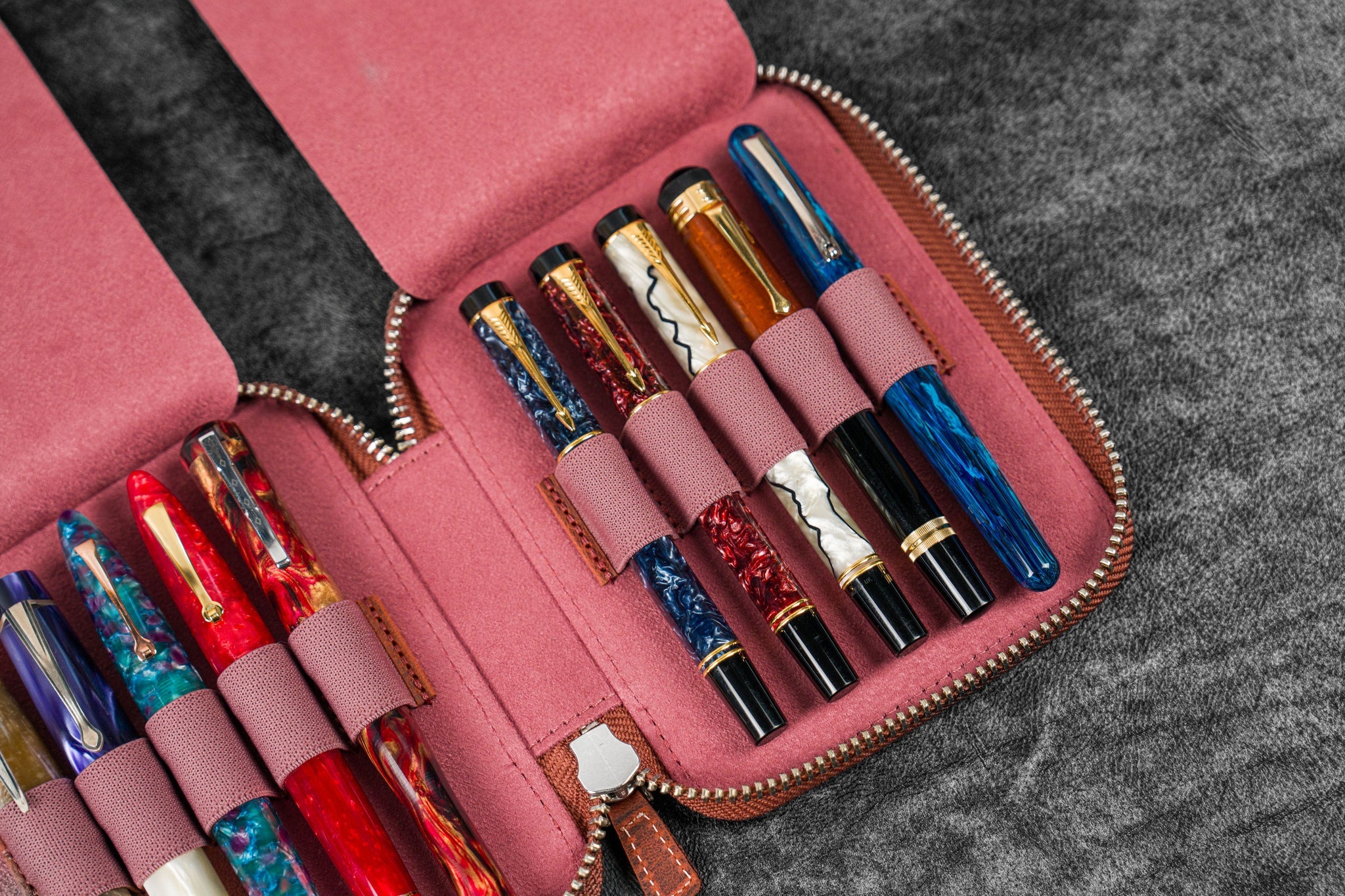 Leather Zippered 10 Slots Pen Case - Crazy Horse Orange