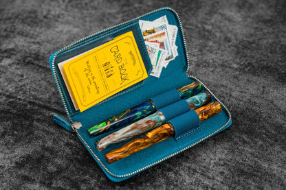 Leather Zippered 3 Slots Pen Case - Crazy Horse Ocean Blue