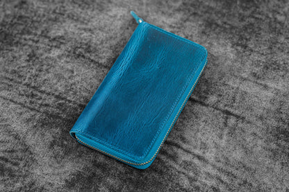 Leather Zippered 3 Slots Pen Case - Crazy Horse Ocean Blue