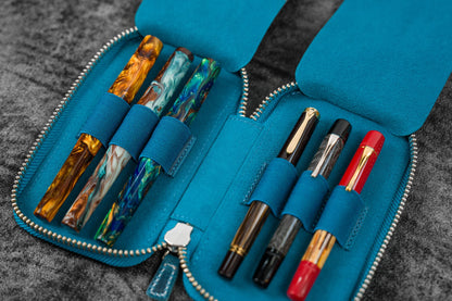 Leather Zippered 6 Slots Pen Case - Crazy Horse Ocean Blue