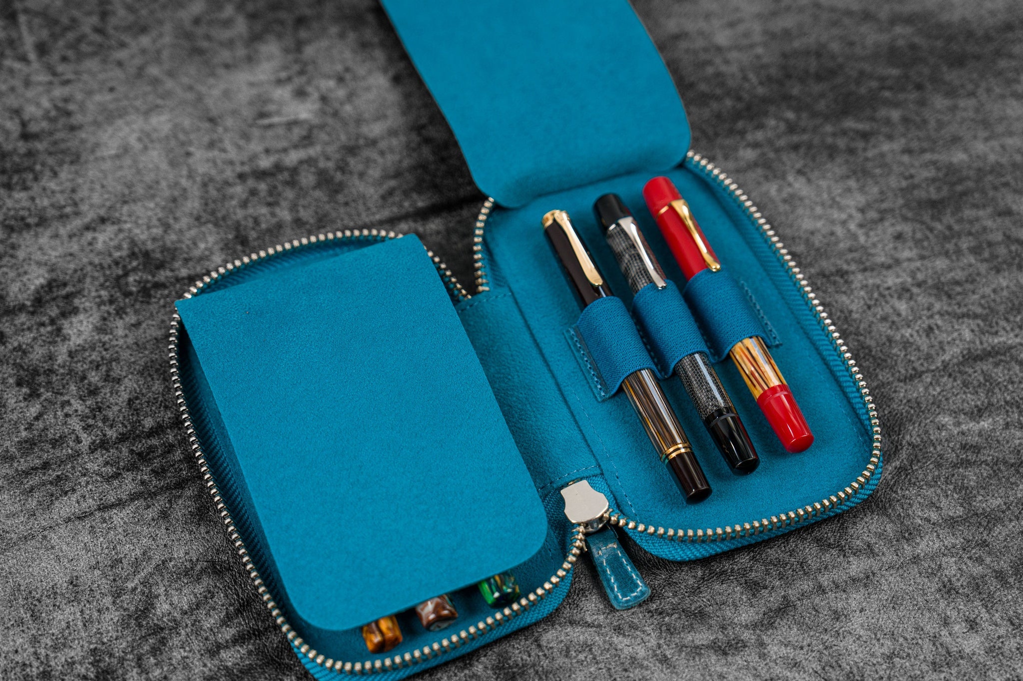 Leather Zippered 6 Slots Pen Case - Crazy Horse Ocean Blue