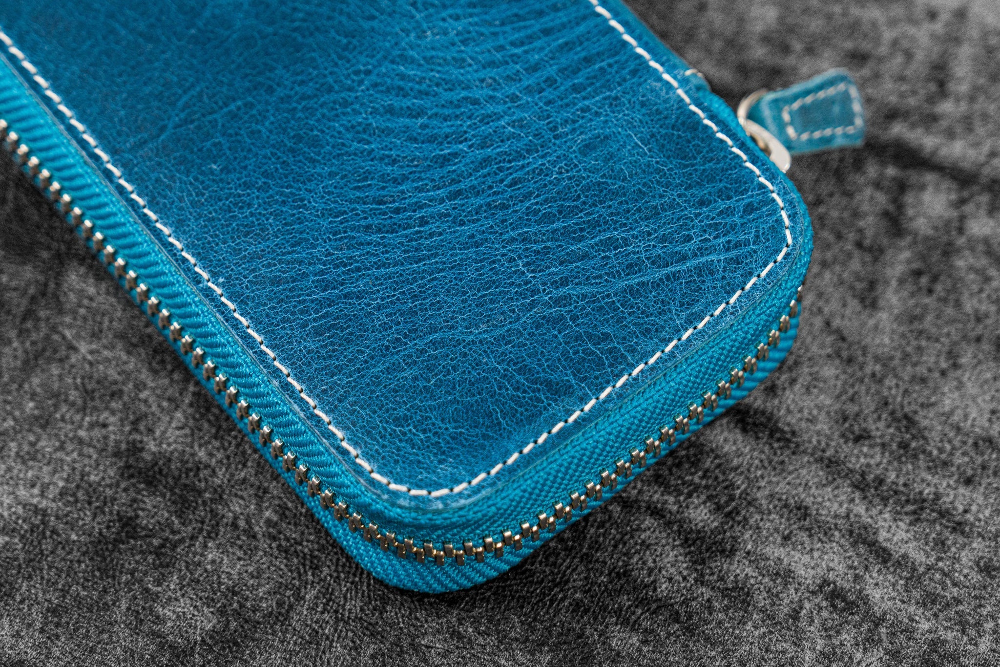 Leather Zippered 6 Slots Pen Case - Crazy Horse Ocean Blue