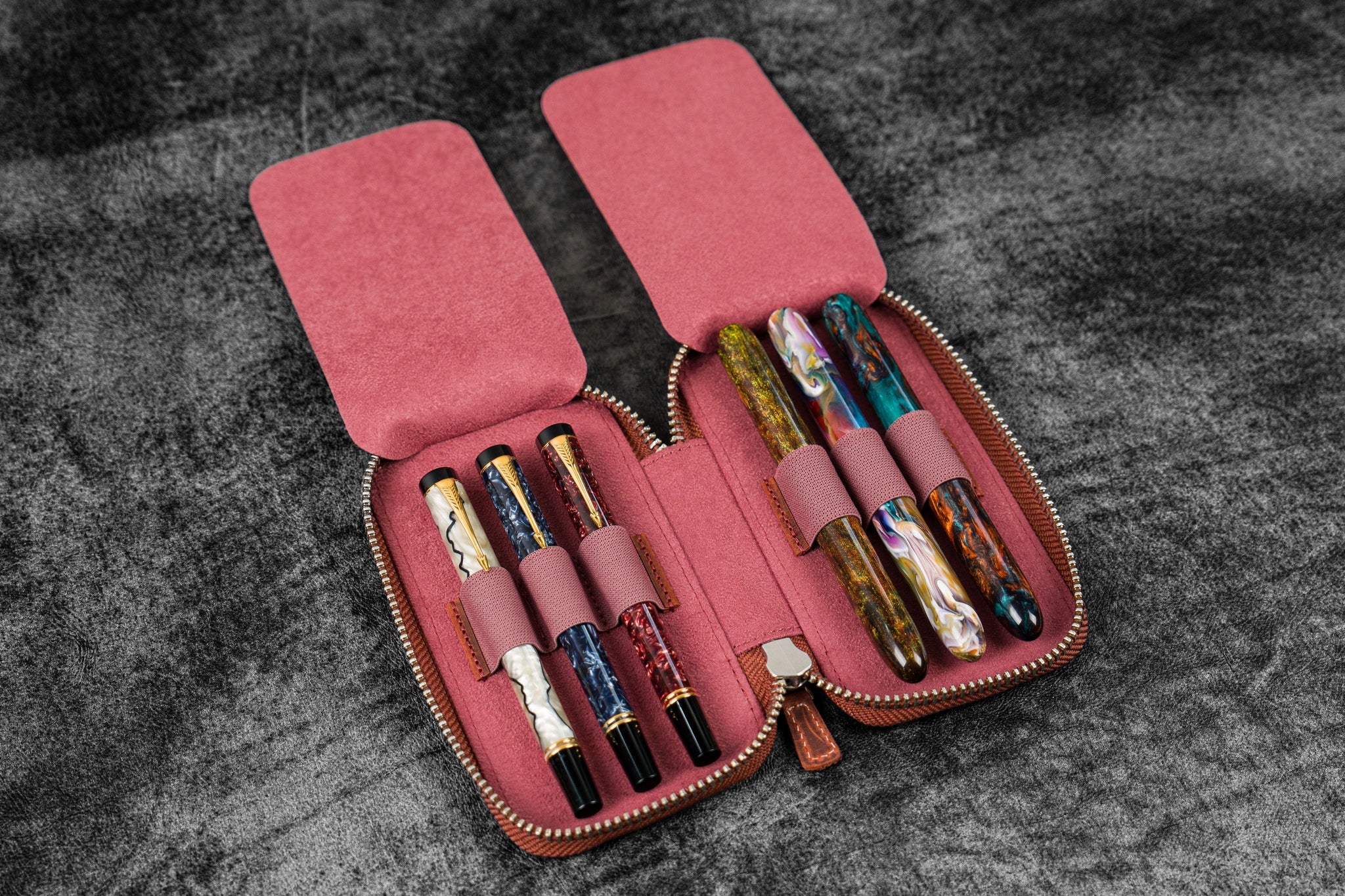 Leather Zippered 6 Slots Pen Case - Crazy Horse Orange