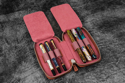 Leather Zippered 6 Slots Pen Case - Crazy Horse Orange
