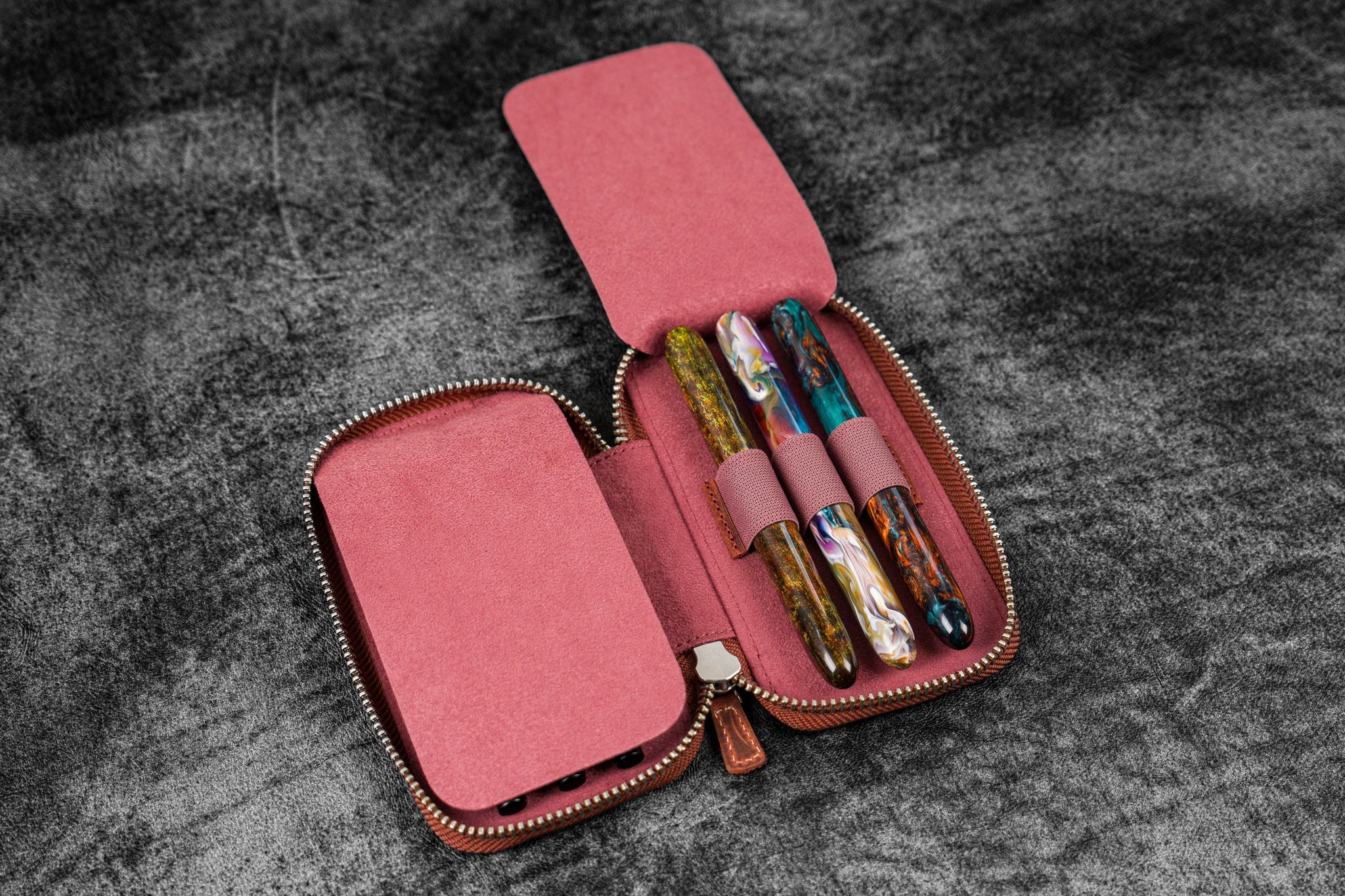 Leather Zippered 6 Slots Pen Case - Crazy Horse Orange