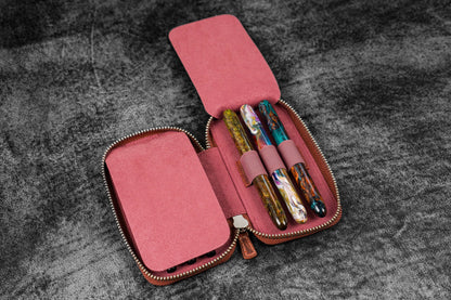 Leather Zippered 6 Slots Pen Case - Crazy Horse Orange