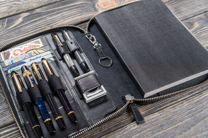 Leather Zippered A5 Notebook Folio - Black