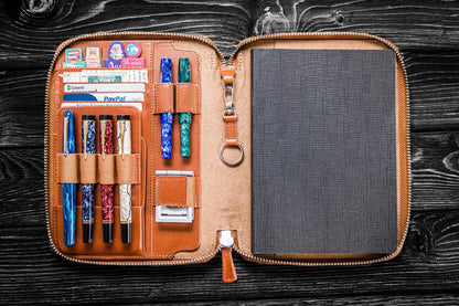 Leather Zippered A5 Notebook Folio - Brown