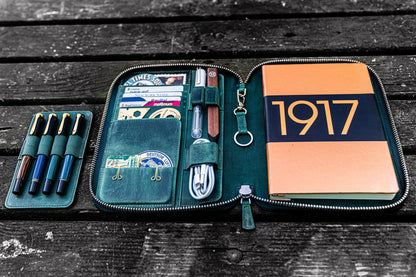 Leather Zippered A5 Notebook Folio - Crazy Horse Forest Green