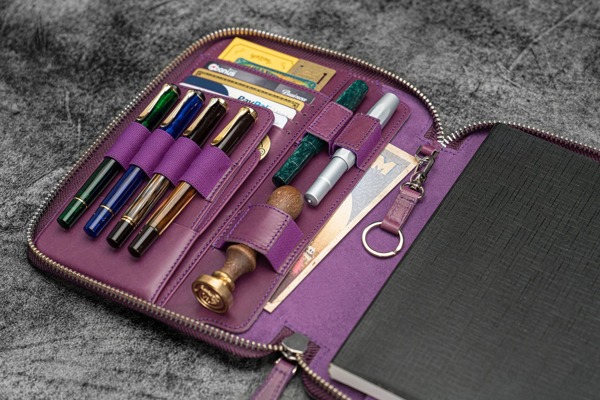 Leather Zippered A5 Notebook Folio - Purple