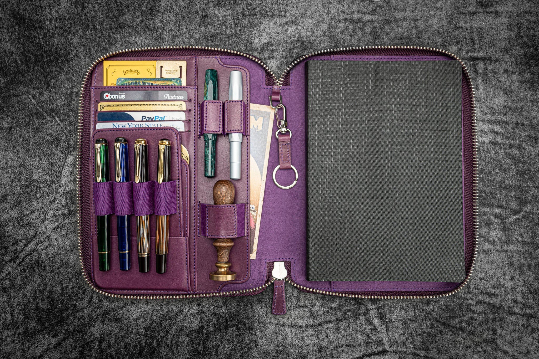 Leather Zippered A5 Notebook Folio - Purple
