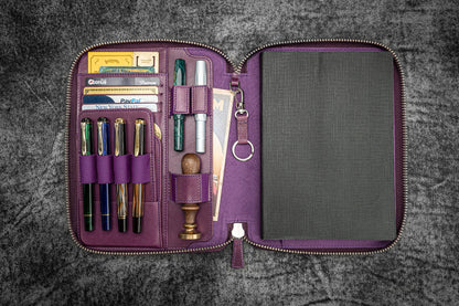 Leather Zippered A5 Notebook Folio - Purple