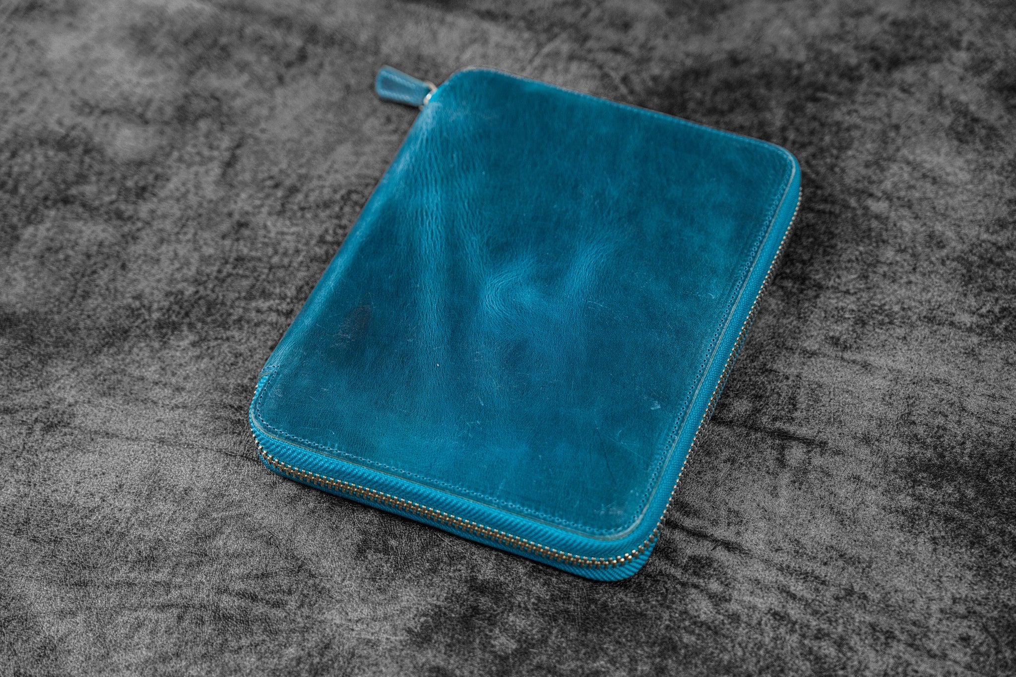 Leather Zippered A5 Notebook Folio - Crazy Horse Ocean Blue