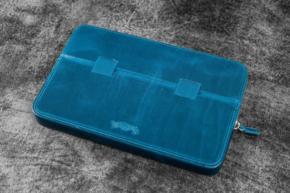 Leather Magnum Opus 12 Slots Hard Pen Case with Removable Pen Tray - Crazy Horse Ocean Blue