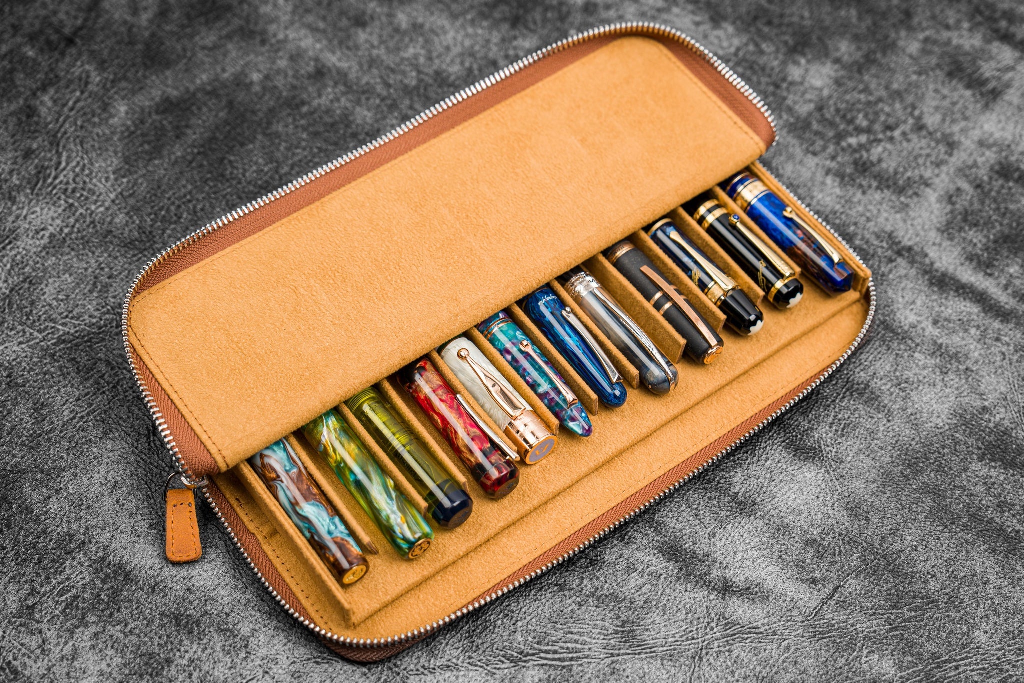 Leather Magnum Opus 12 Slots Hard Pen Case with Removable Pen Tray - Crazy Horse Brown