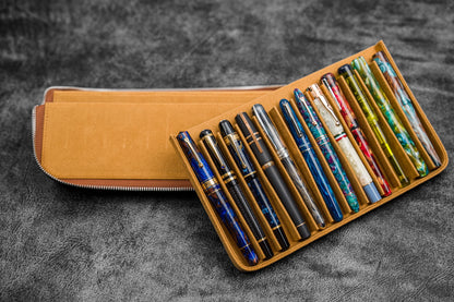 Leather Magnum Opus 12 Slots Hard Pen Case with Removable Pen Tray - Crazy Horse Brown