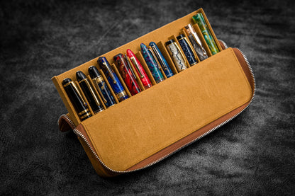 Leather Magnum Opus 12 Slots Hard Pen Case with Removable Pen Tray - Crazy Horse Brown