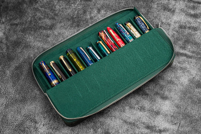 Leather Magnum Opus 12 Slots Hard Pen Case with Removable Pen Tray - Crazy Horse Forest Green