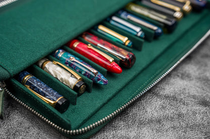 Leather Magnum Opus 12 Slots Hard Pen Case with Removable Pen Tray - Crazy Horse Forest Green