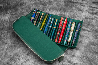 Leather Magnum Opus 12 Slots Hard Pen Case with Removable Pen Tray - Crazy Horse Forest Green