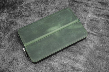 Leather Magnum Opus 12 Slots Hard Pen Case with Removable Pen Tray - Crazy Horse Forest Green