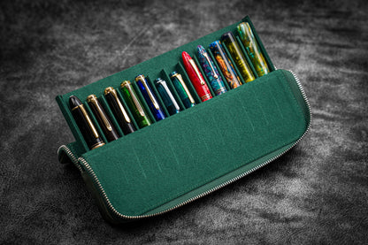 Leather Magnum Opus 12 Slots Hard Pen Case with Removable Pen Tray - Crazy Horse Forest Green
