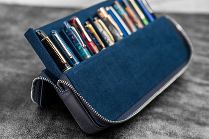 Leather Magnum Opus 12 Slots Hard Pen Case with Removable Pen Tray - Crazy Horse Navy Blue