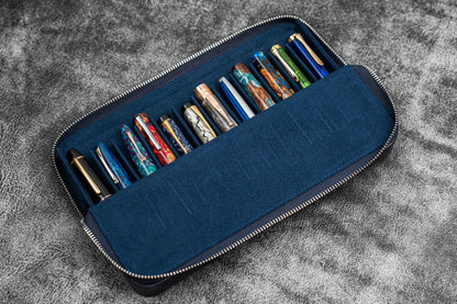 Leather Magnum Opus 12 Slots Hard Pen Case with Removable Pen Tray - Crazy Horse Navy Blue