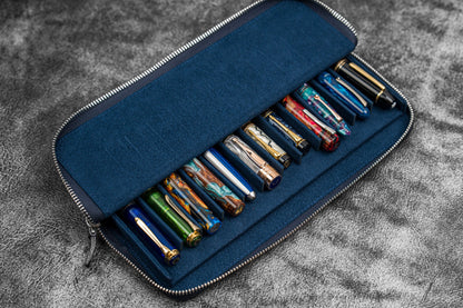 Leather Magnum Opus 12 Slots Hard Pen Case with Removable Pen Tray - Crazy Horse Navy Blue