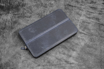 Leather Magnum Opus 12 Slots Hard Pen Case with Removable Pen Tray - Crazy Horse Navy Blue